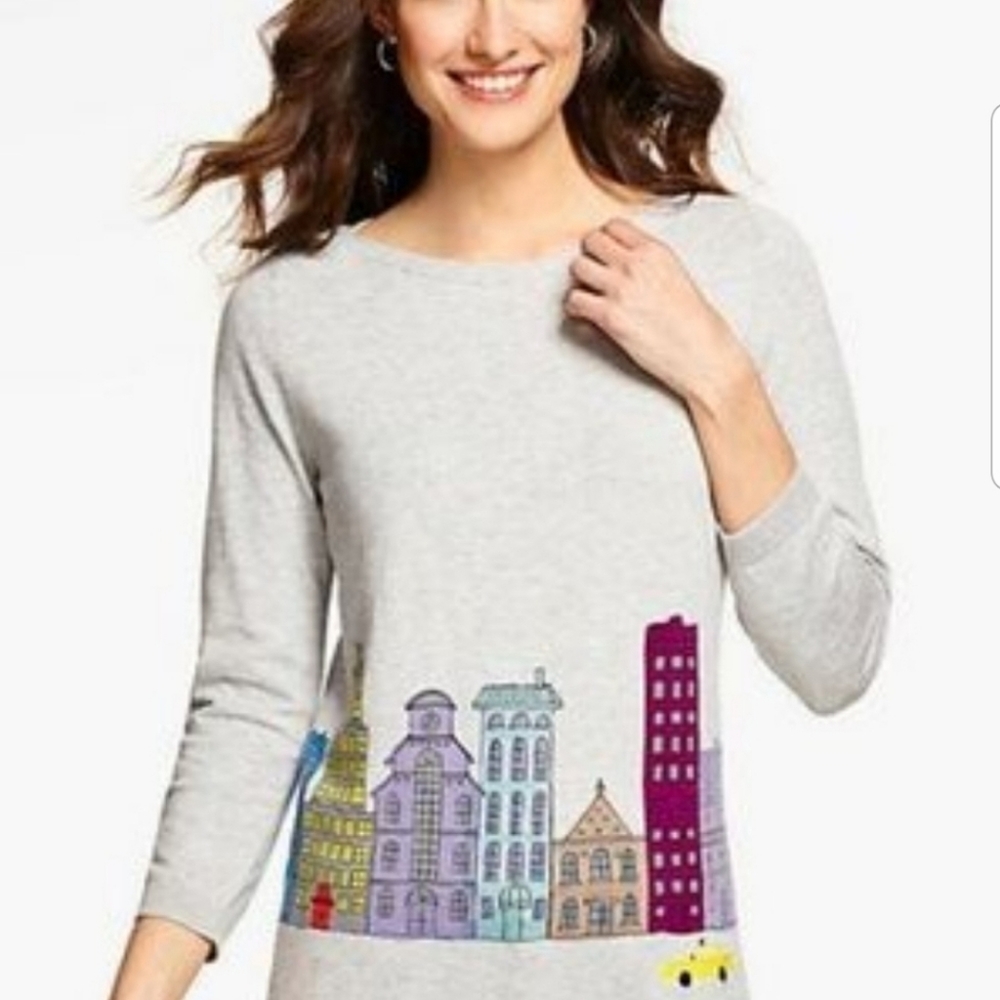 Talbots Women's Sweater Size Petite Medium Cityscape 3/4 Sleeve
